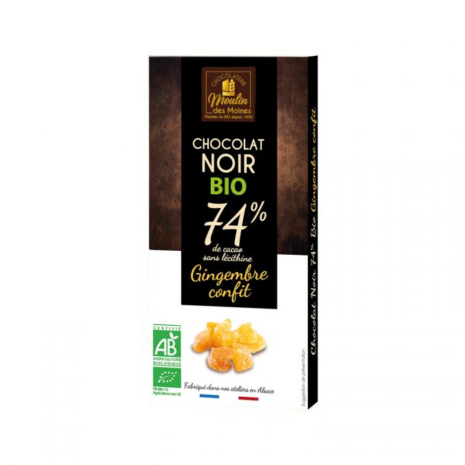 Tablette Chocolat noir 74% au gingembre confit bio - 100g