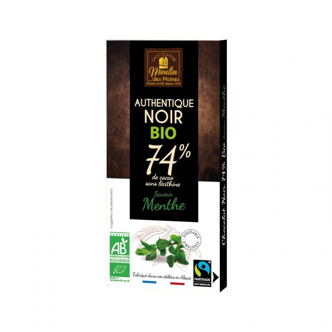 Tablette Chocolat noir 74% à la menthe équitable bio - 100g