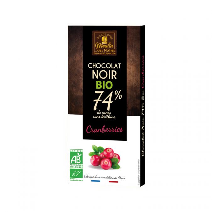 Tablette Chocolat noir 74% aux cranberries bio - 100g