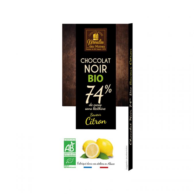 Tablette Chocolat noir 74% au citron bio - 100g