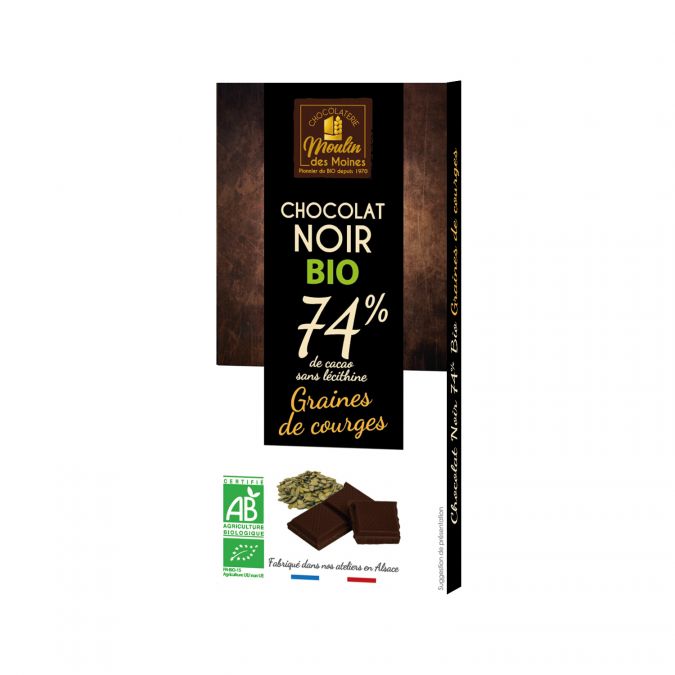 Tablette Chocolat noir 74% aux graines de courge bio - 100g