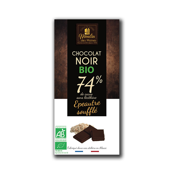 Tablette Chocolat noir 74% à l'épeautre 100g bio - Boutique